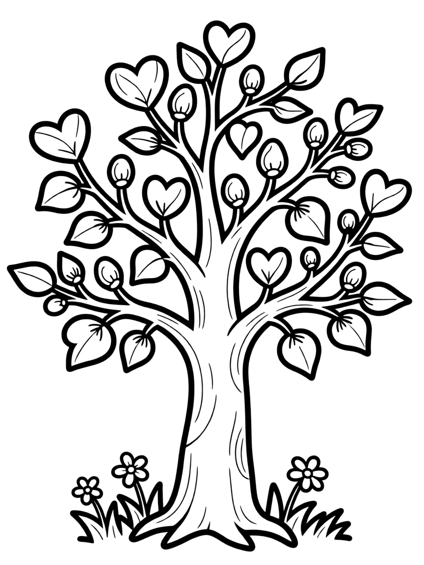 A tree with heart-shaped leaves emerging from buds