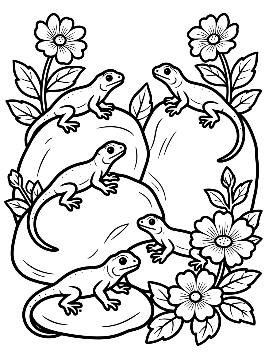 Spring lizards sunning on rocks surrounded by flowers