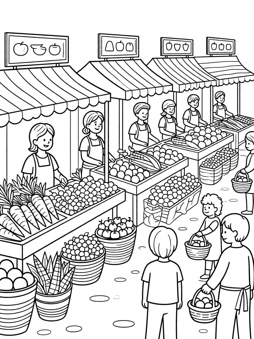 A detailed farmers' market with spring produce stalls