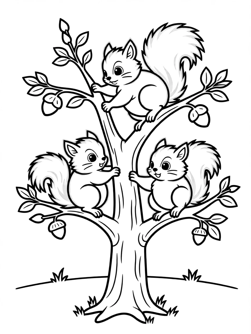 Baby squirrels learning to climb in a budding tree