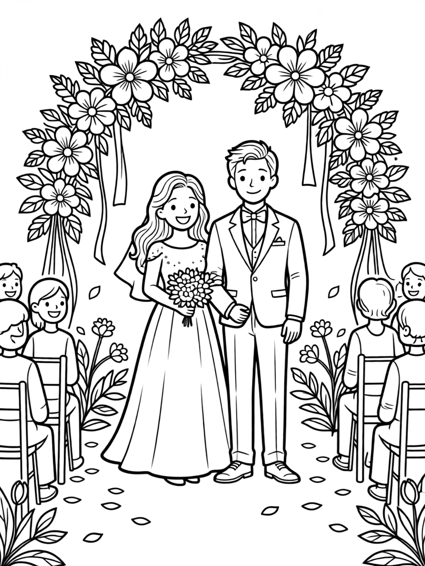 A spring wedding scene with flower arches and decorations