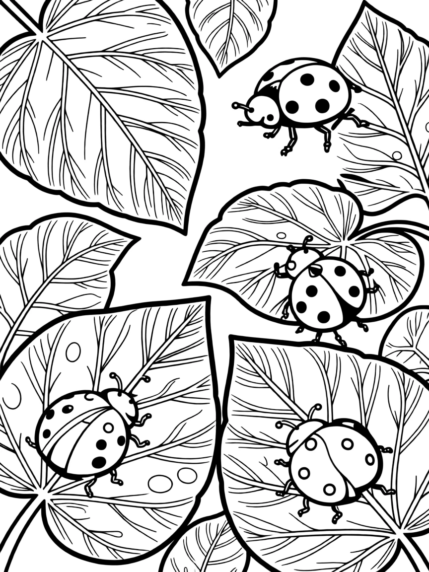 Ladybugs on intricate leaf patterns in a garden