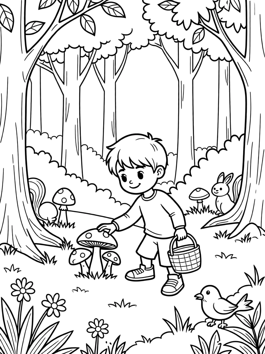 Spring mushroom hunting in a detailed forest scene