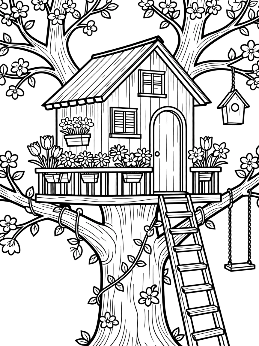 A tree house with spring decorations and flower boxes