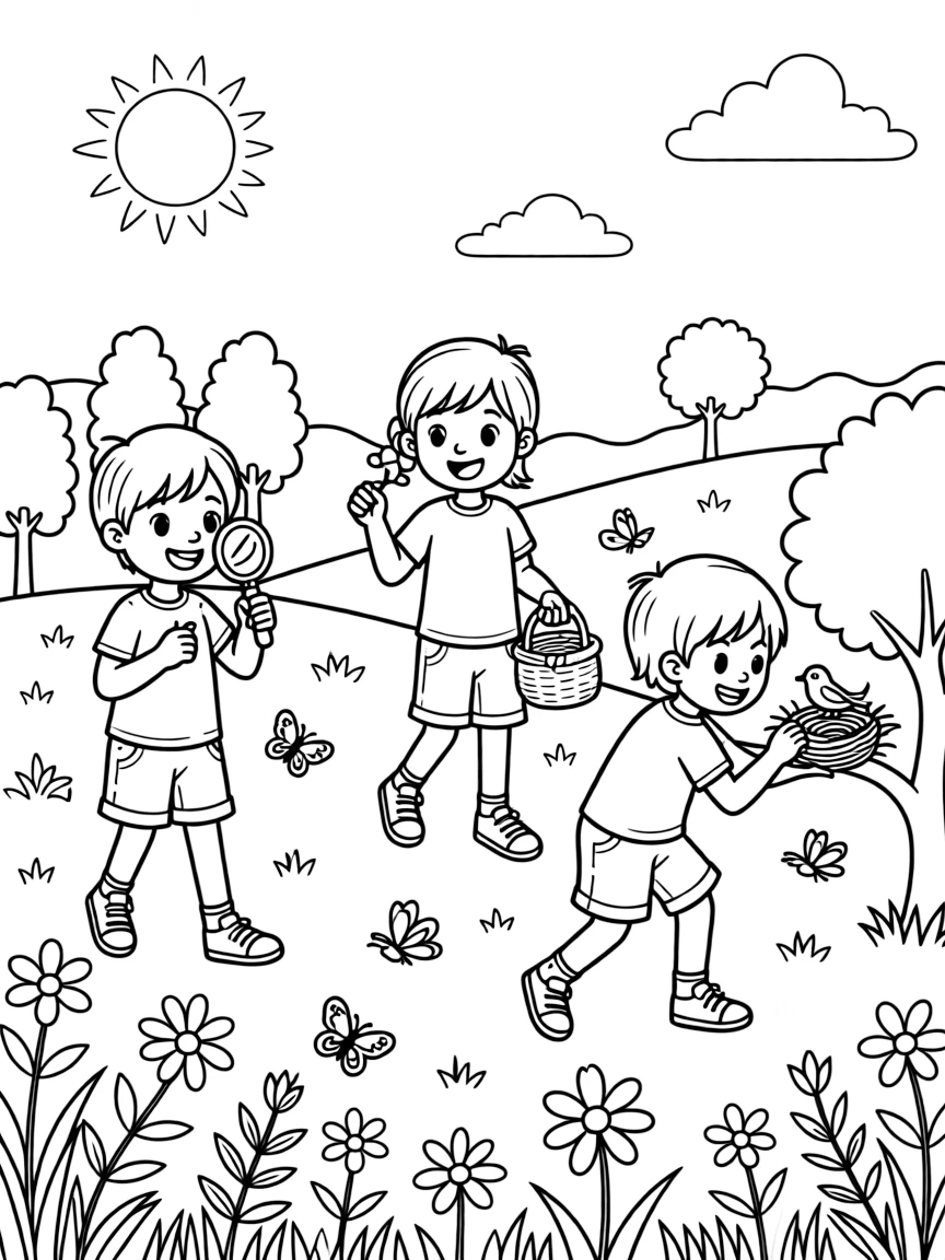 Children on a spring nature scavenger hunt