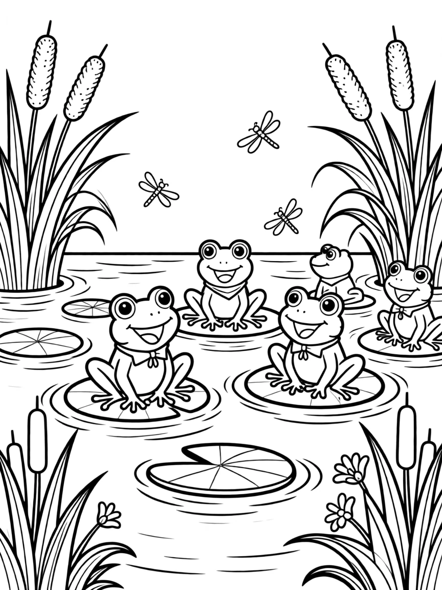Frogs singing in a pond surrounded by cattails