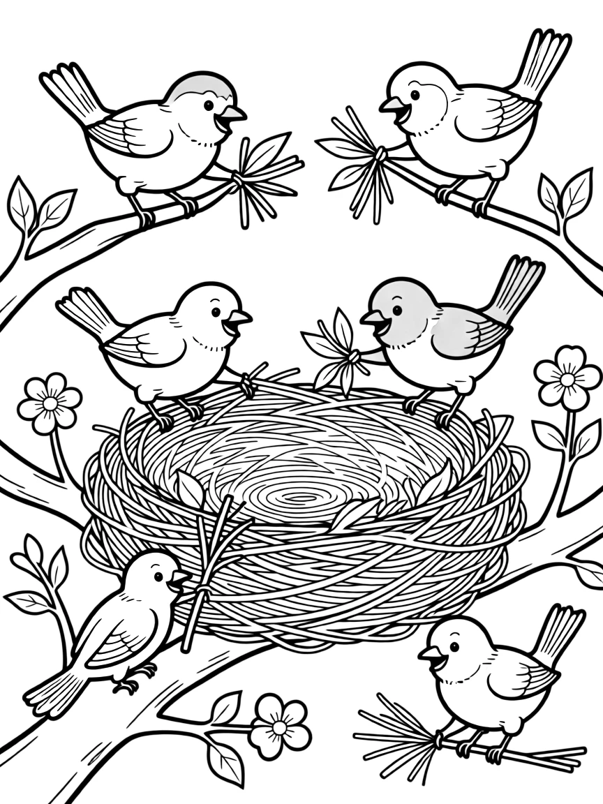 Spring birds building elaborate nest structures