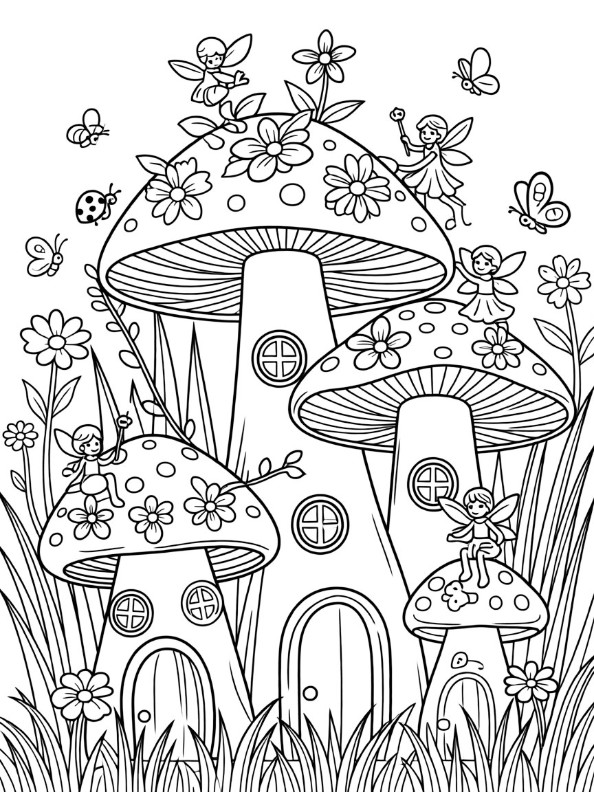 A spring fairy village with flower-capped mushroom houses