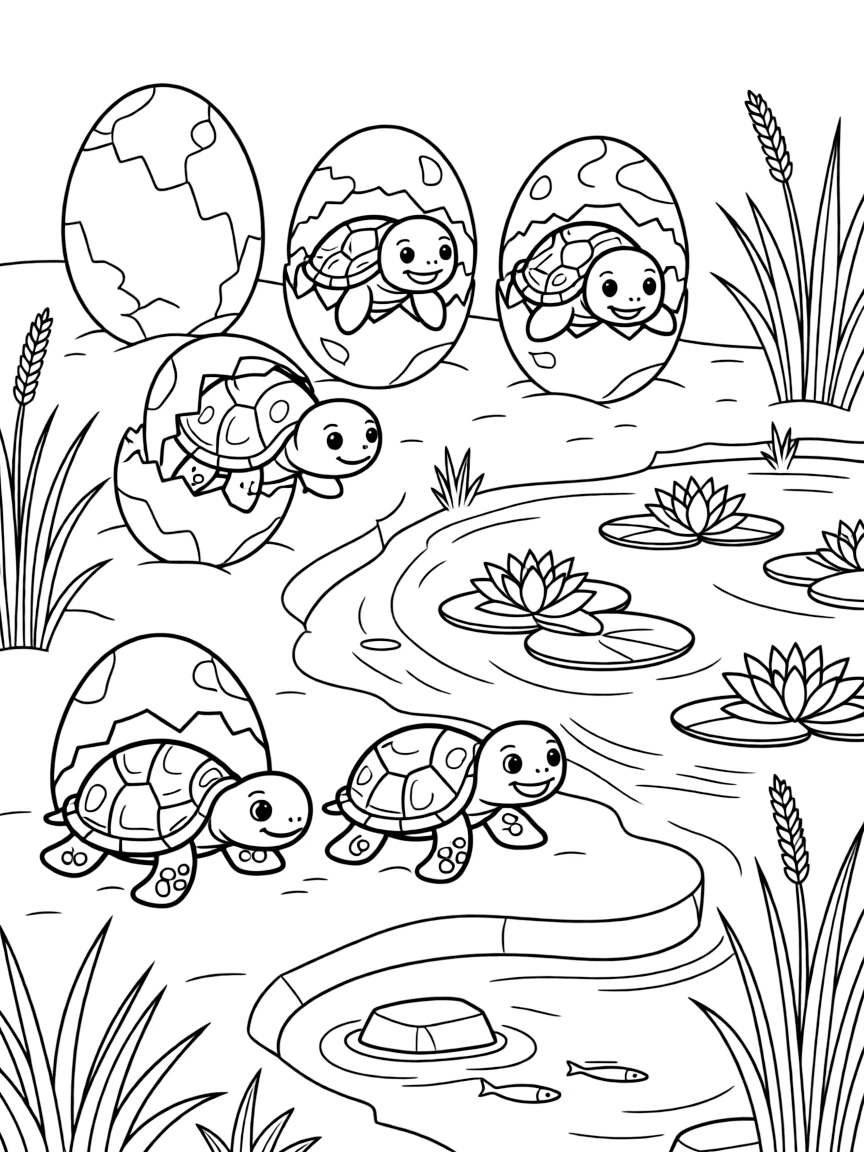 Baby turtles hatching and heading to a spring pond