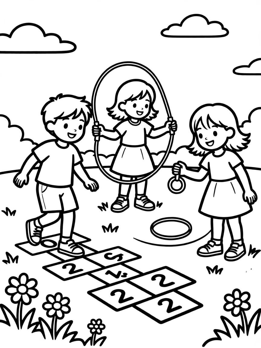 A spring scene with children playing traditional games