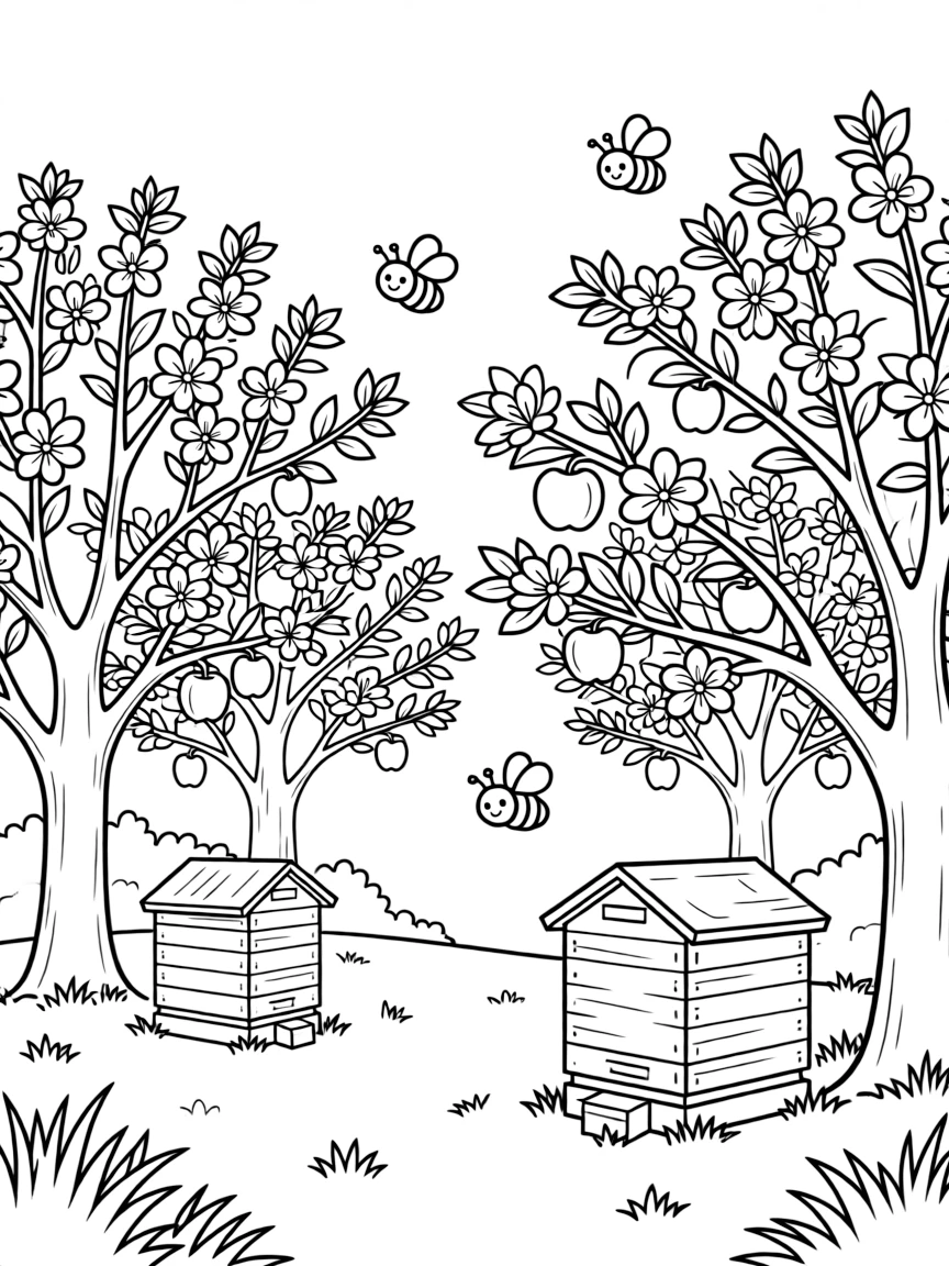 An apple orchard in full spring bloom with beehives