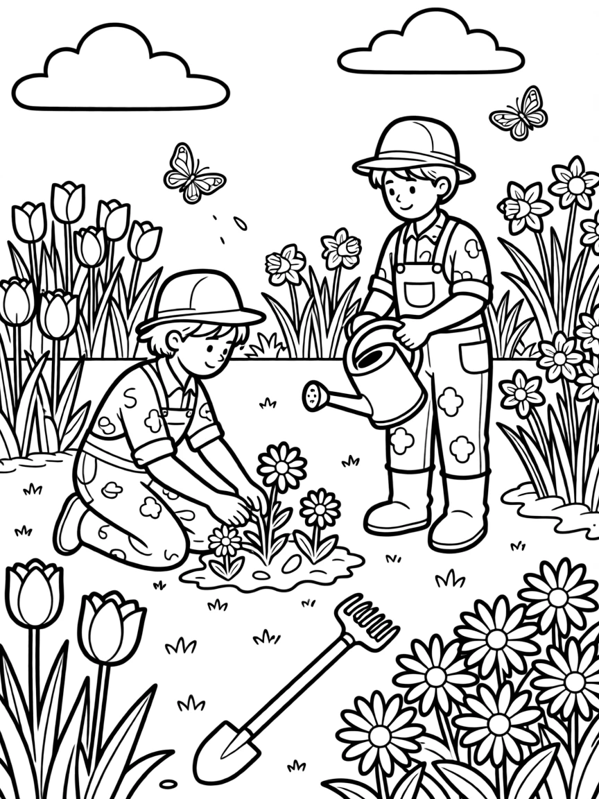Gardeners planting elaborate spring flower arrangements