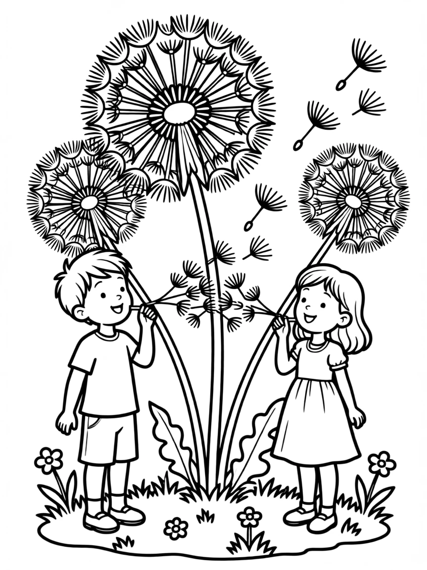Children blowing elaborate dandelion seed heads