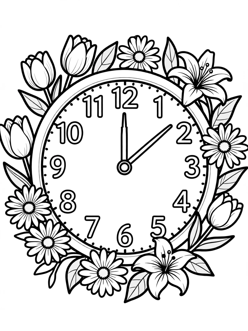 A detailed spring flower clock with different blooms
