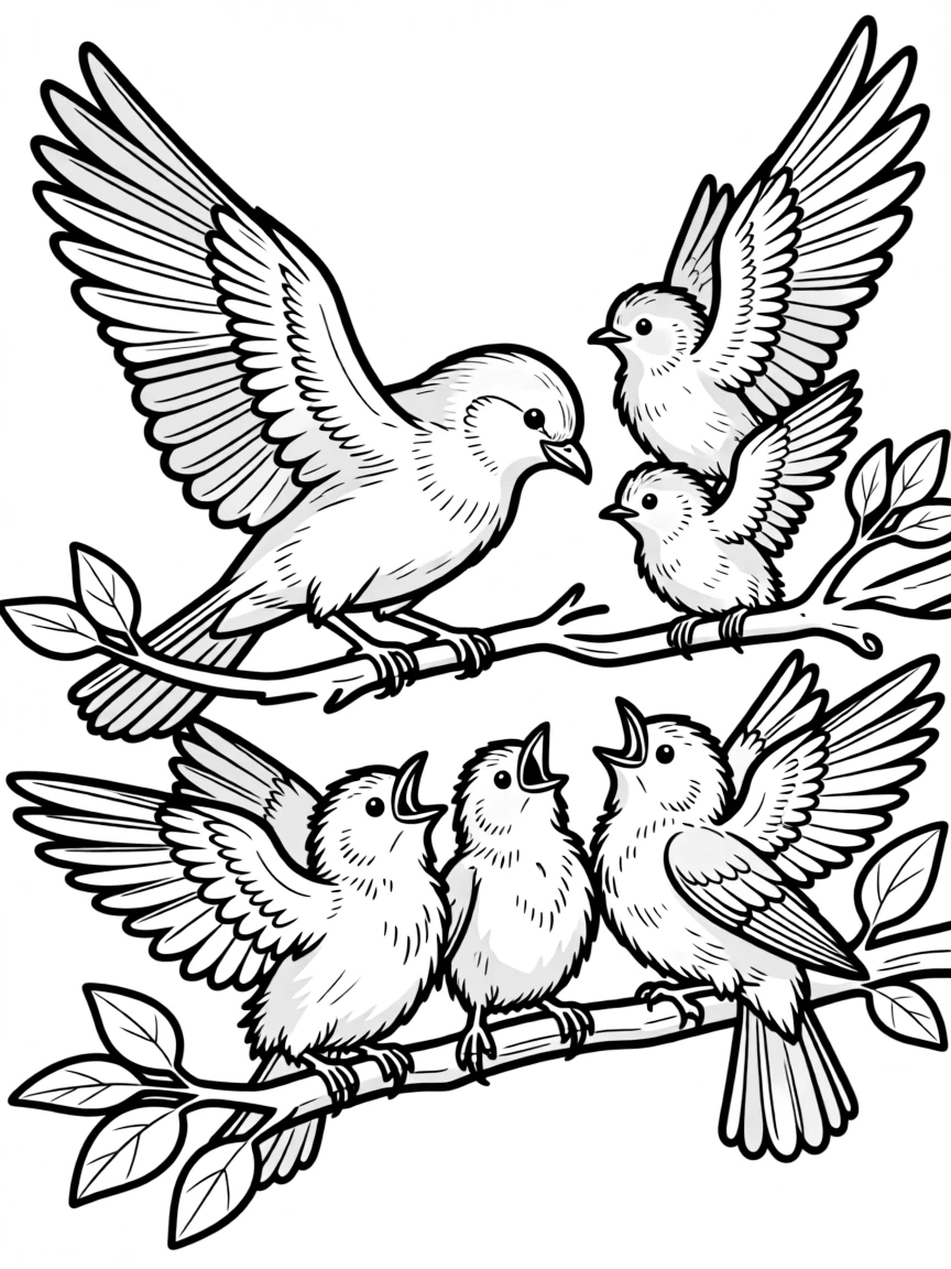 Spring birds teaching their fledglings to fly