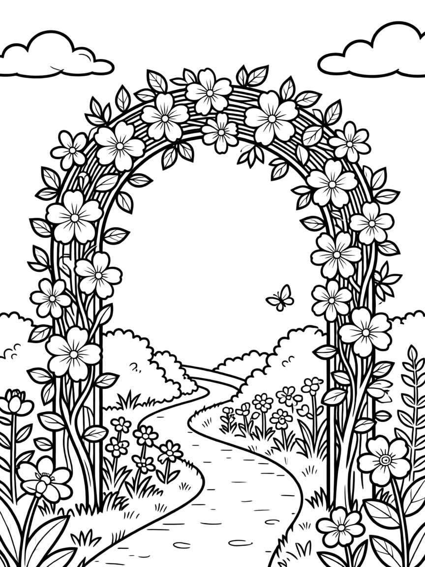 A floral archway leading into a spring garden