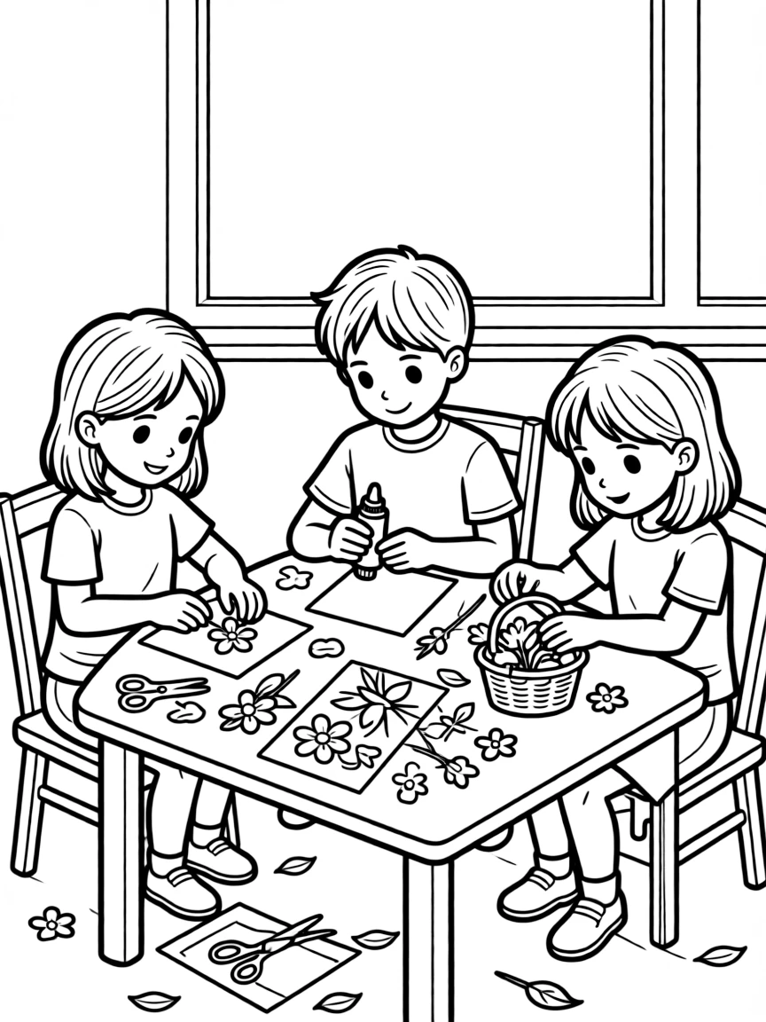 Children creating spring crafts with pressed flowers