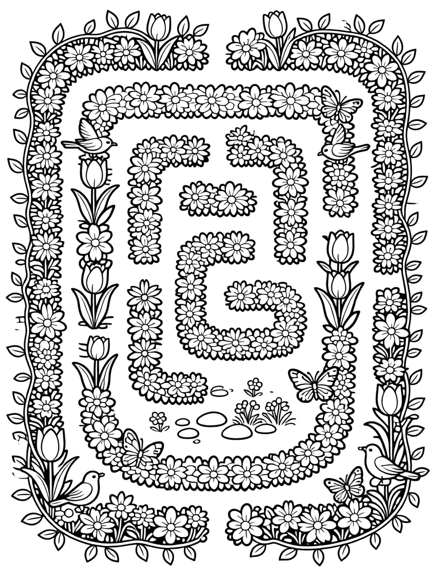A detailed spring labyrinth made of flowering plants