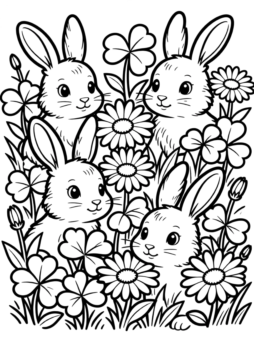 Baby rabbits hiding in a patch of clover and daisies