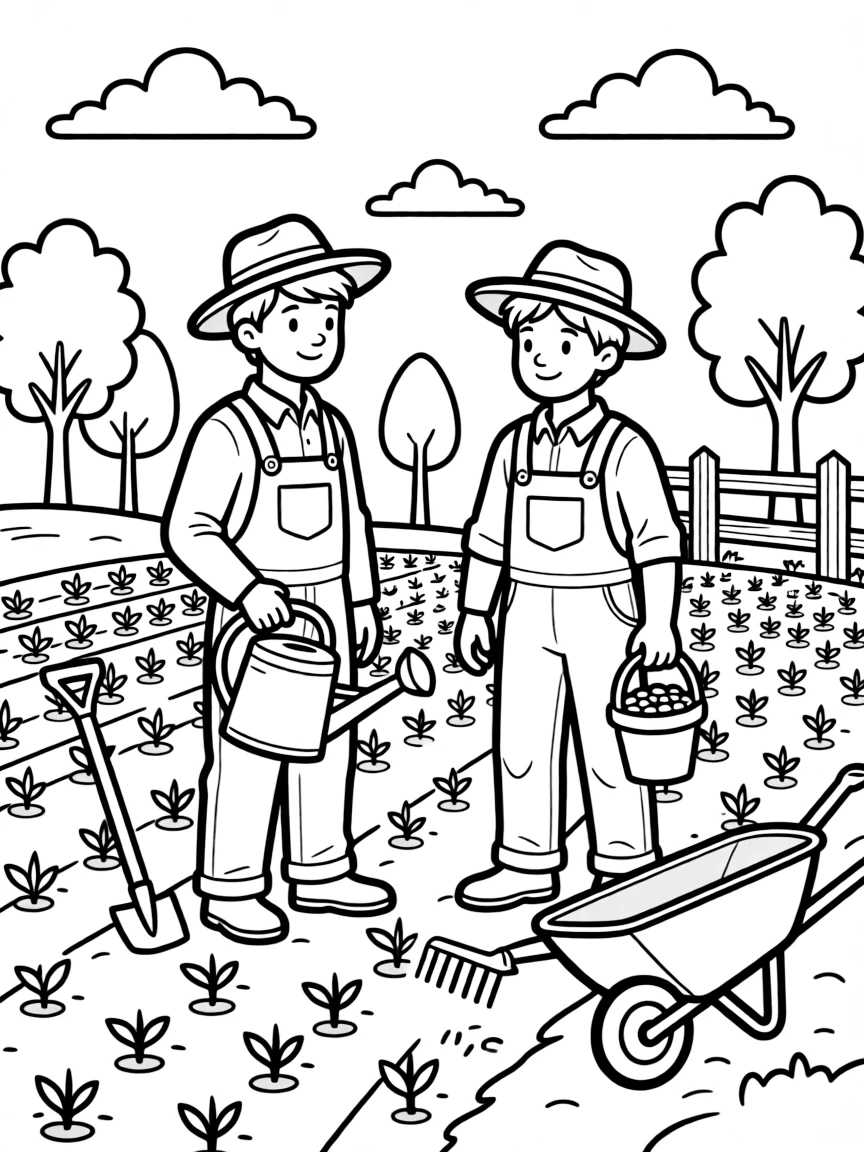A spring farmers' planting scene with detailed equipment