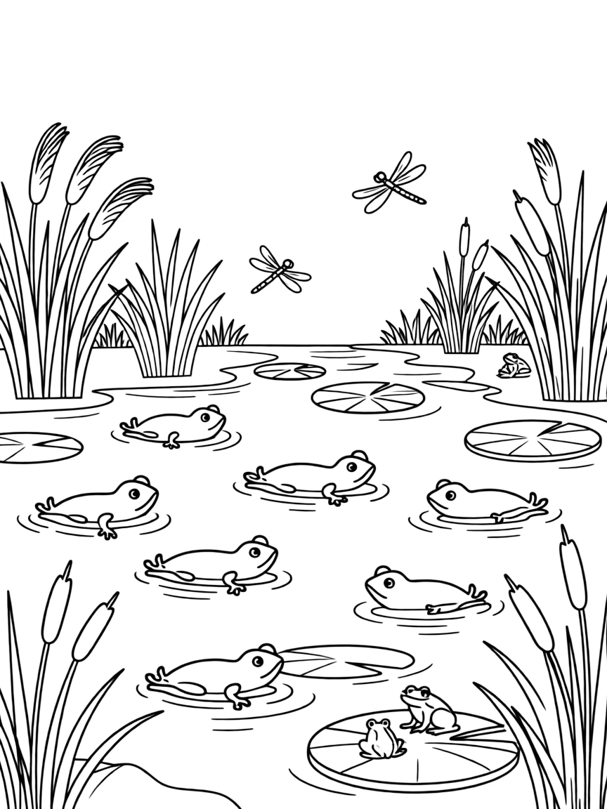 Tadpoles developing in a detailed pond ecosystem