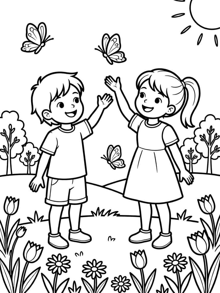 Children releasing butterflies into a spring garden