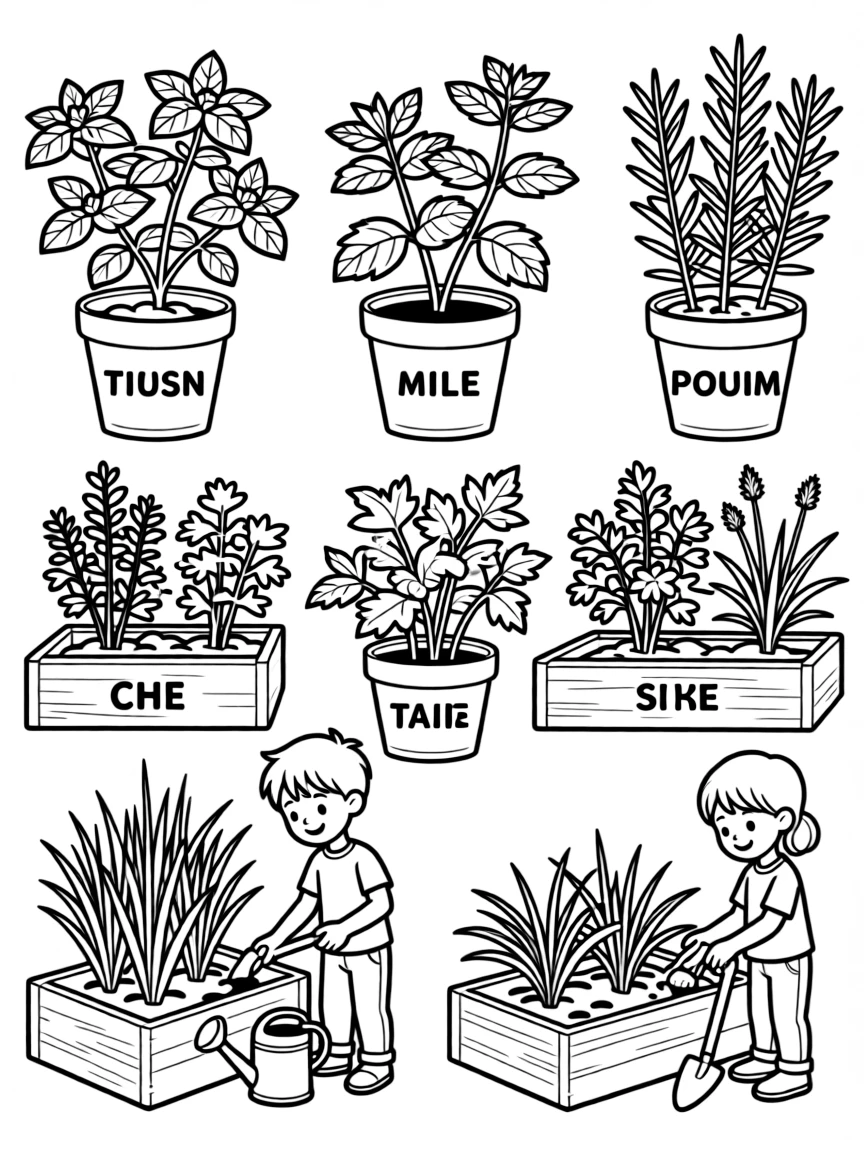 Detailed spring herb garden with labeled plants