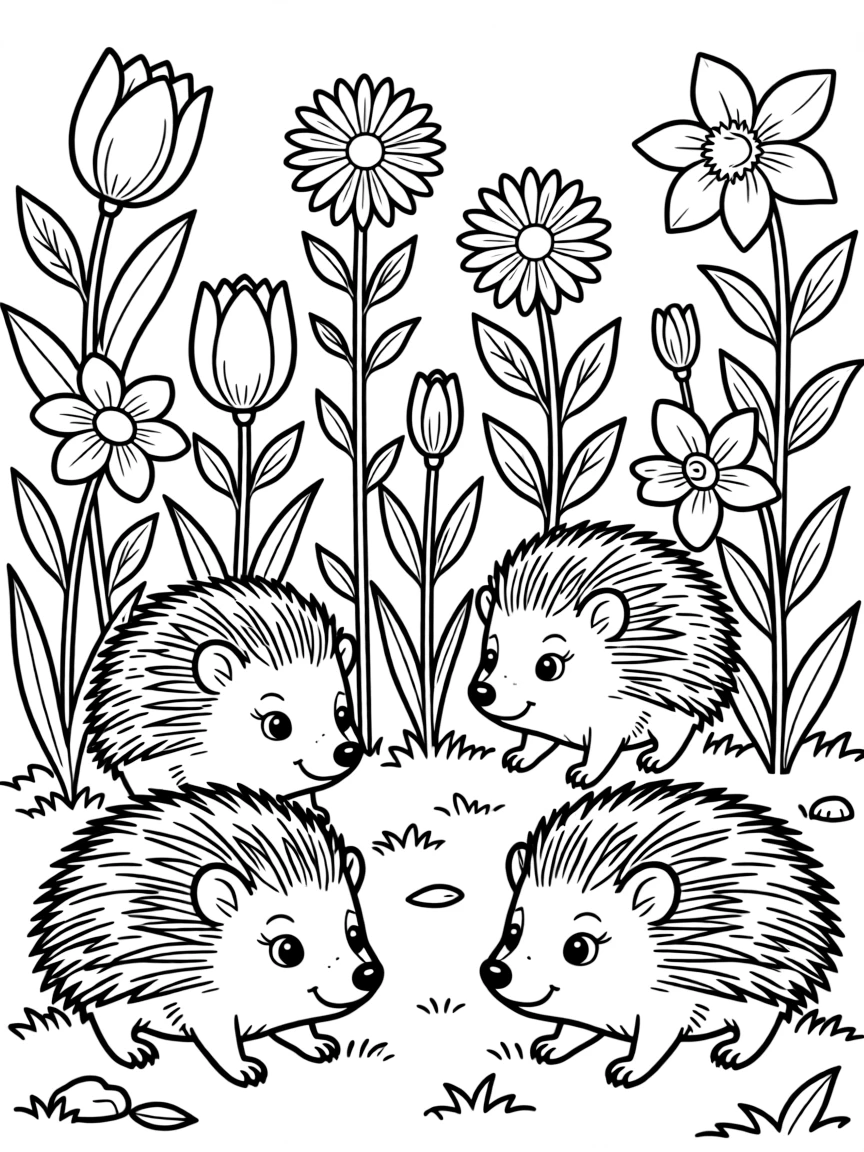 Baby hedgehogs exploring a garden of spring flowers