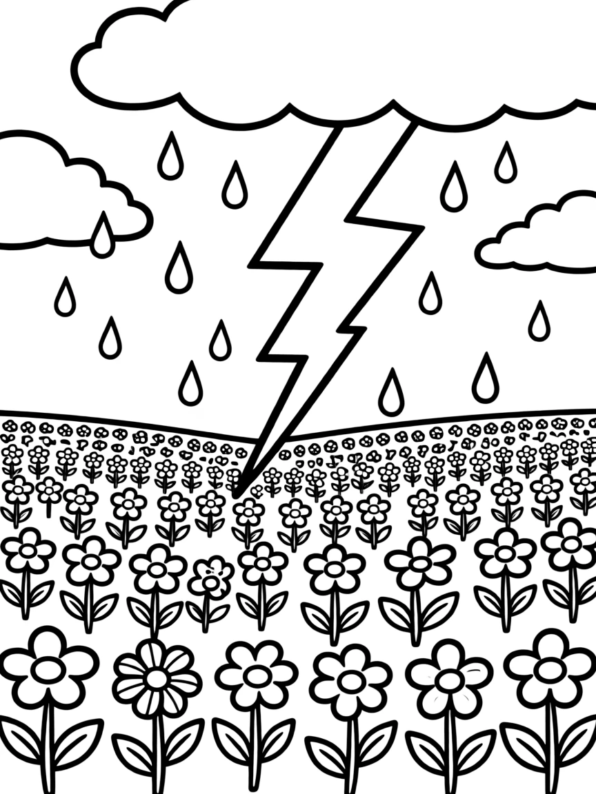 A spring rainstorm with lightning over flowering fields