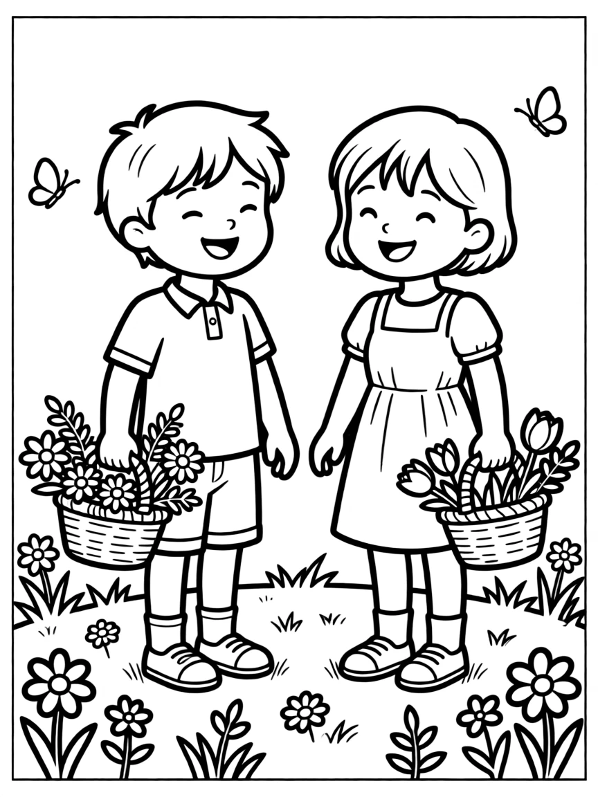 Children collecting spring herbs and flowers in baskets