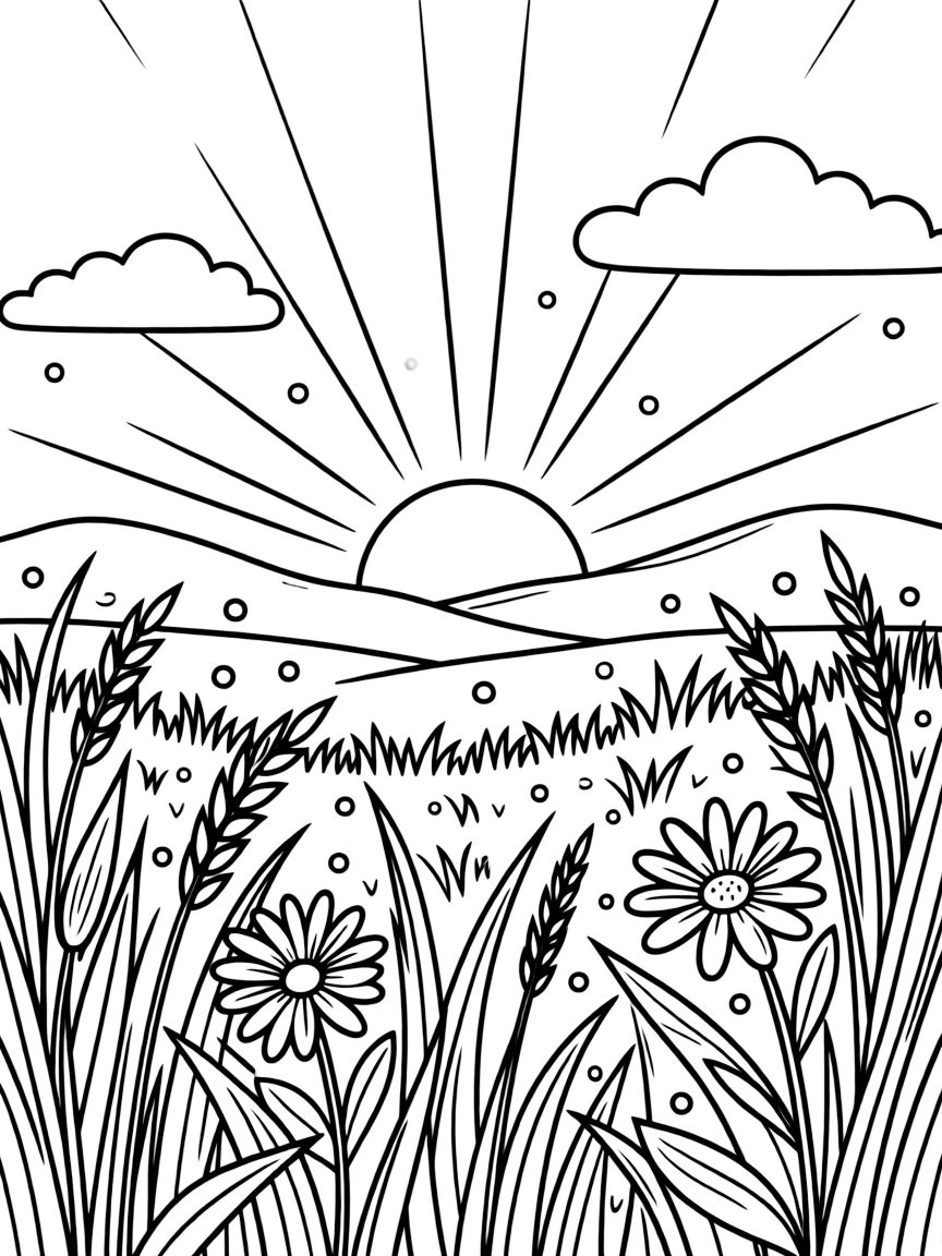 A spring sunrise over a dewy meadow landscape