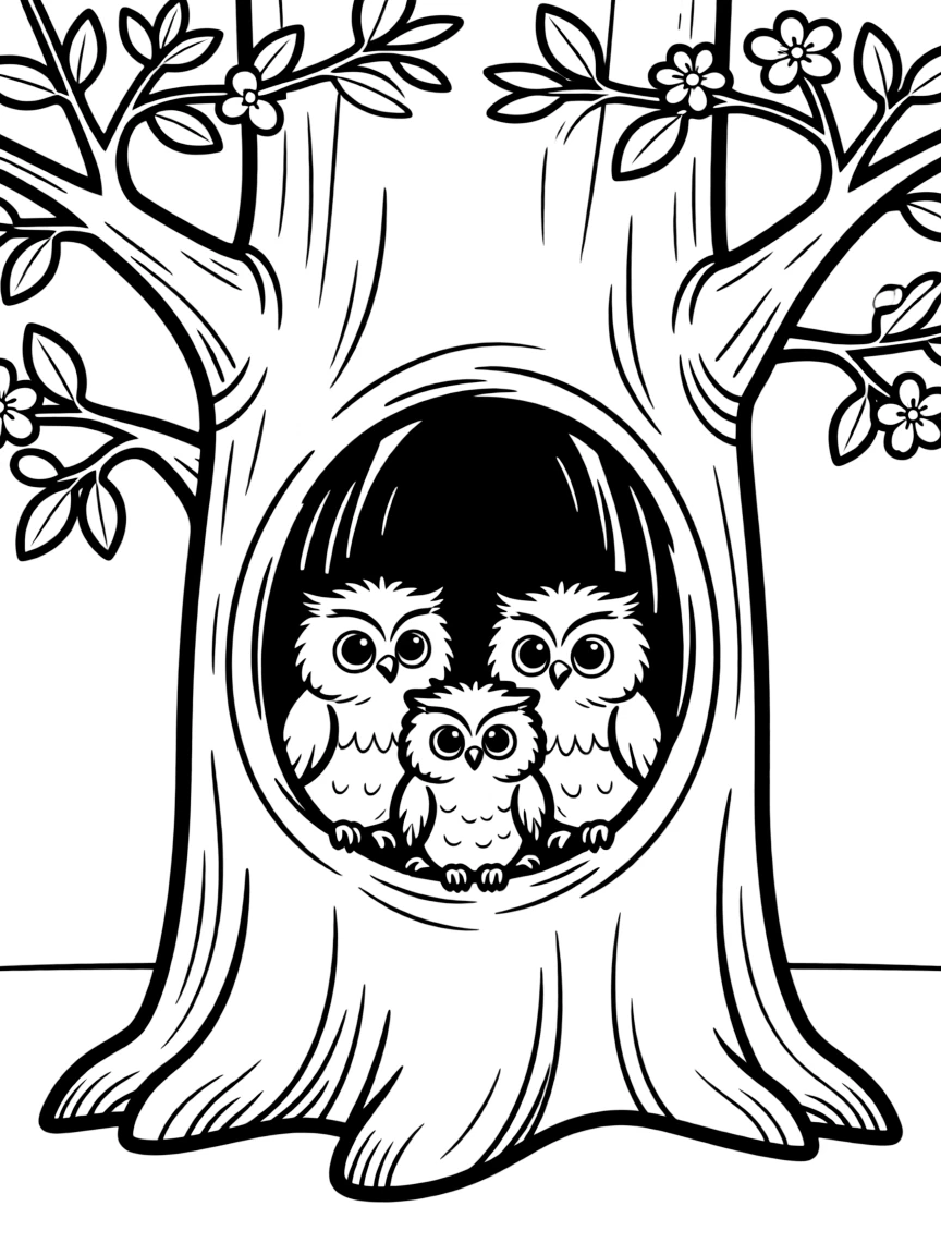 Baby owls in a tree hollow with spring foliage