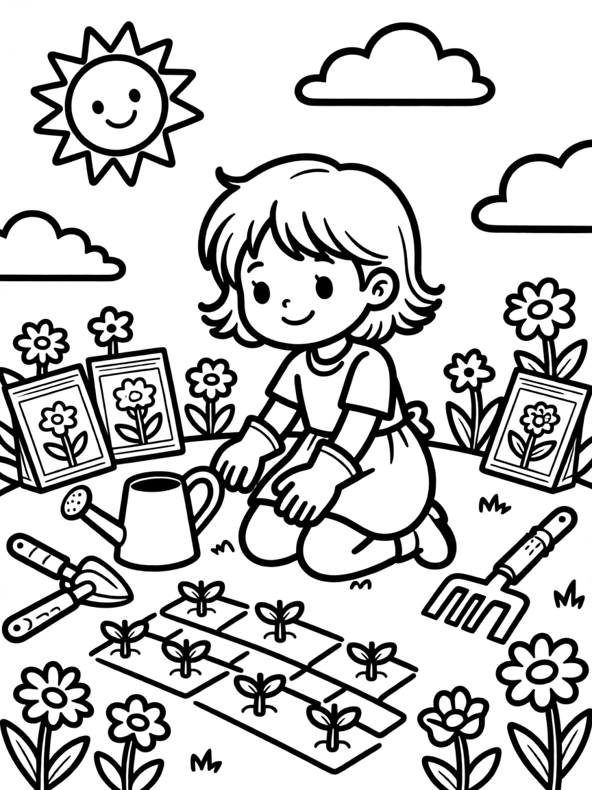 A spring gardening scene with tools and seed packets