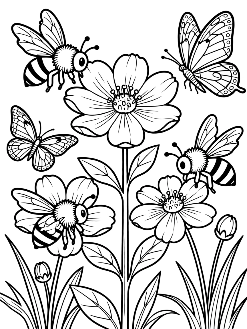 Detailed pollination scenes with bees and butterflies
