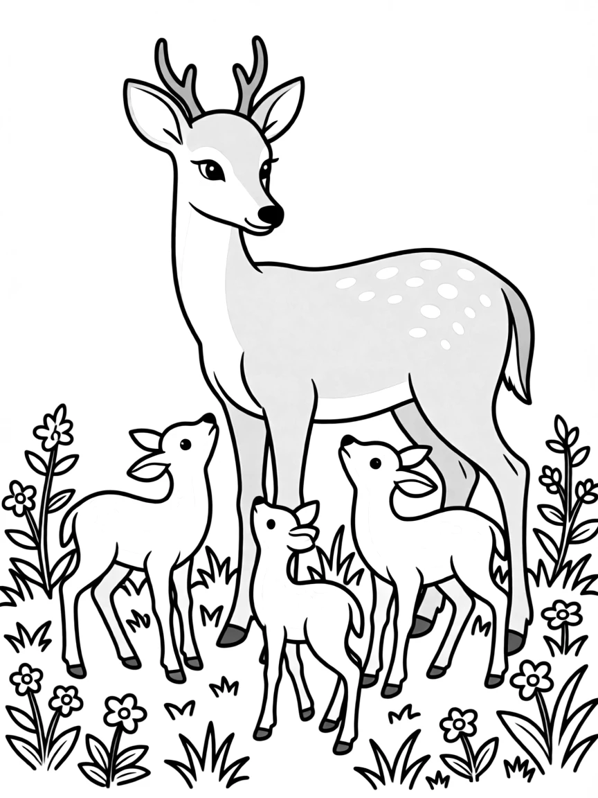 A mother deer teaching fawns to forage spring plants