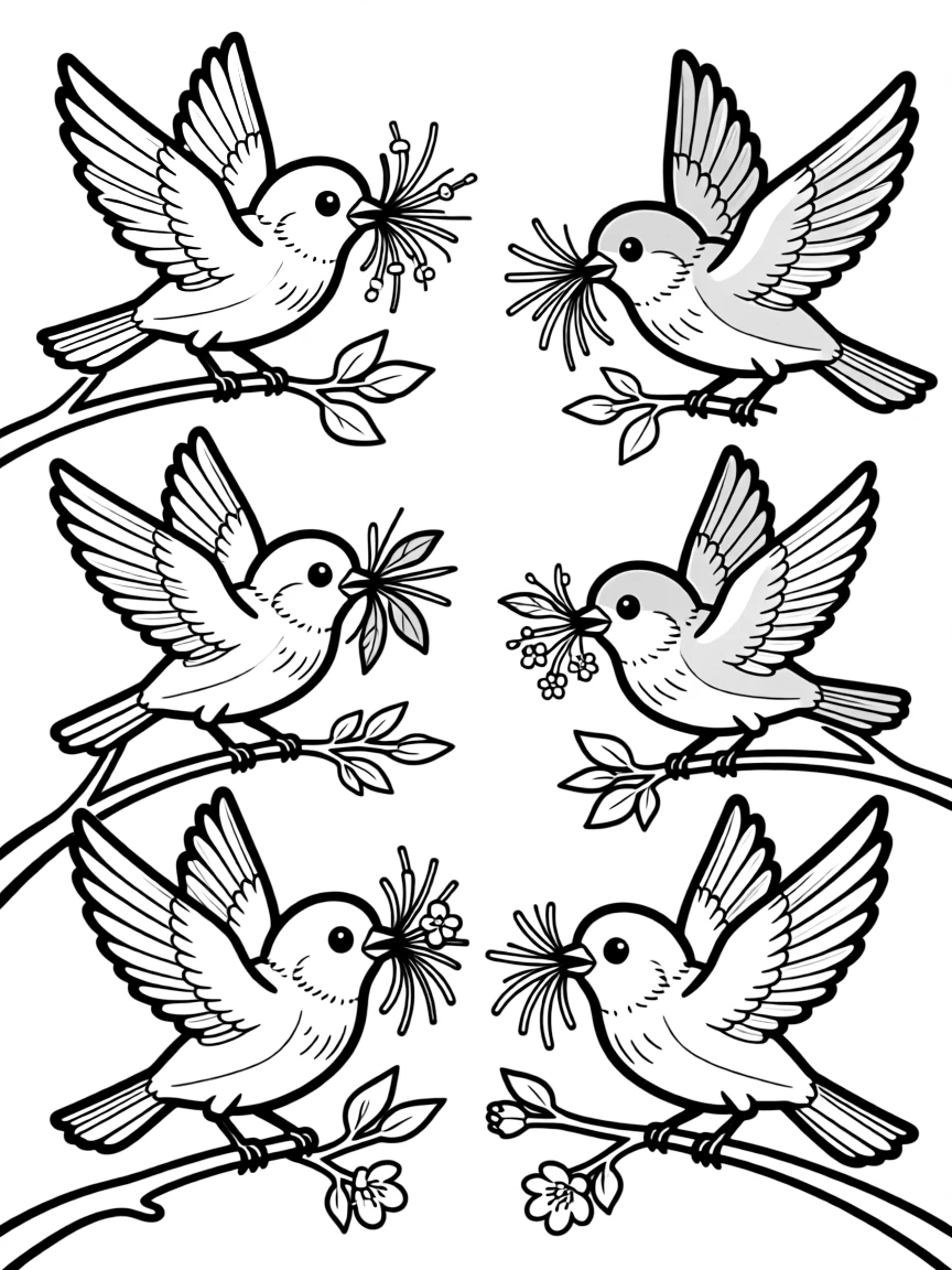 Spring birds gathering nesting materials in their beaks