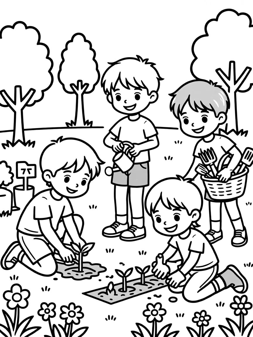 Children participating in spring planting activities