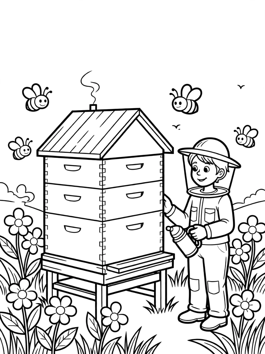 A spring beekeeping scene with detailed hive structure