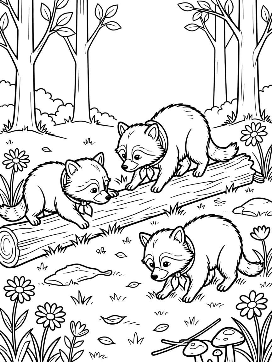 Baby raccoons exploring a spring forest floor