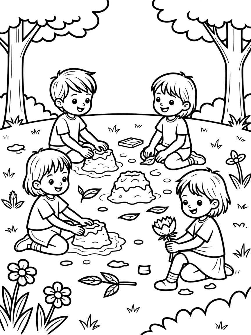 Children creating spring mud pies and nature crafts