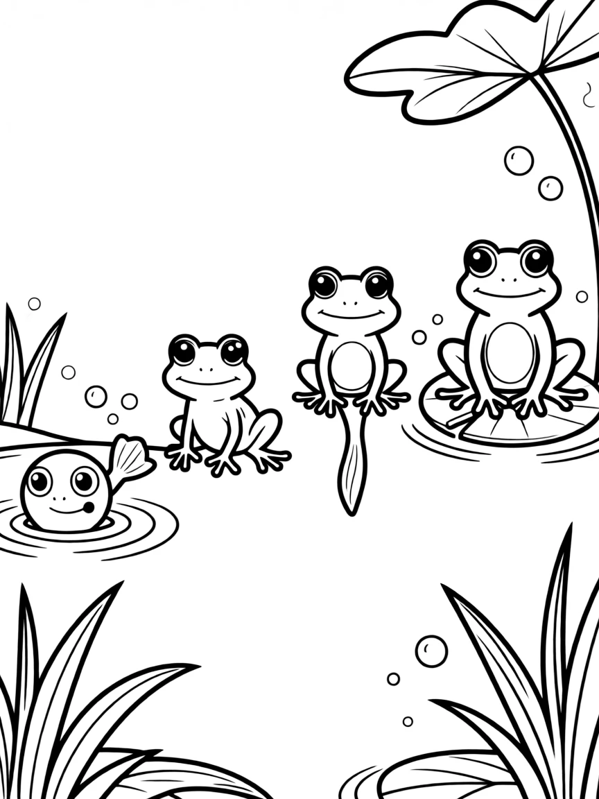 Tadpoles transforming into frogs in sequential stages