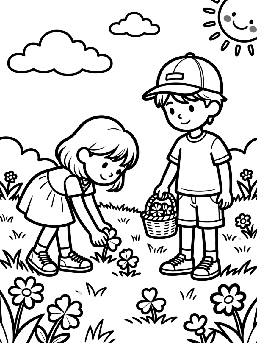 A spring scene with children hunting for four-leaf clovers