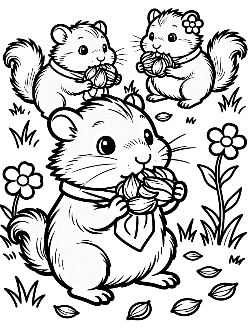 Baby chipmunks gathering spring seeds in their cheeks