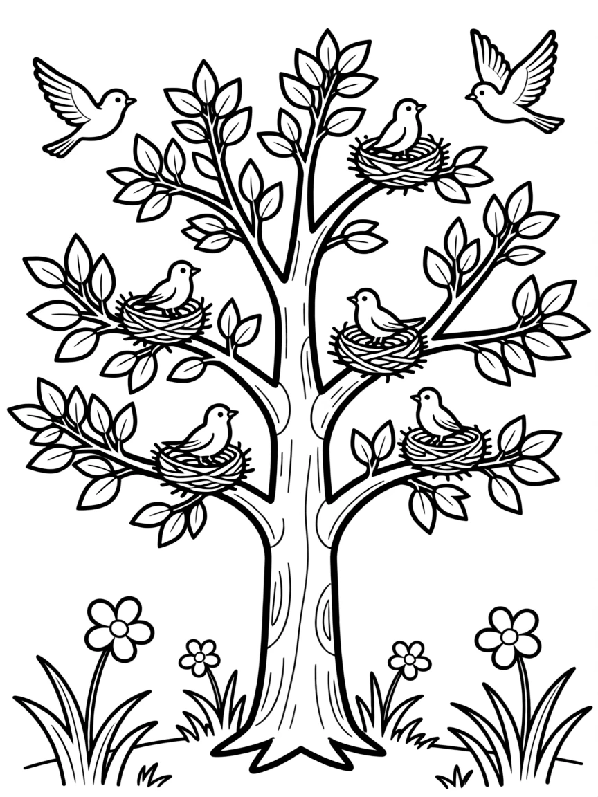 A spring tree with bird nests at different heights