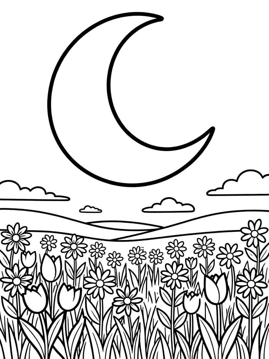 A spring moon rising over a flowering meadow