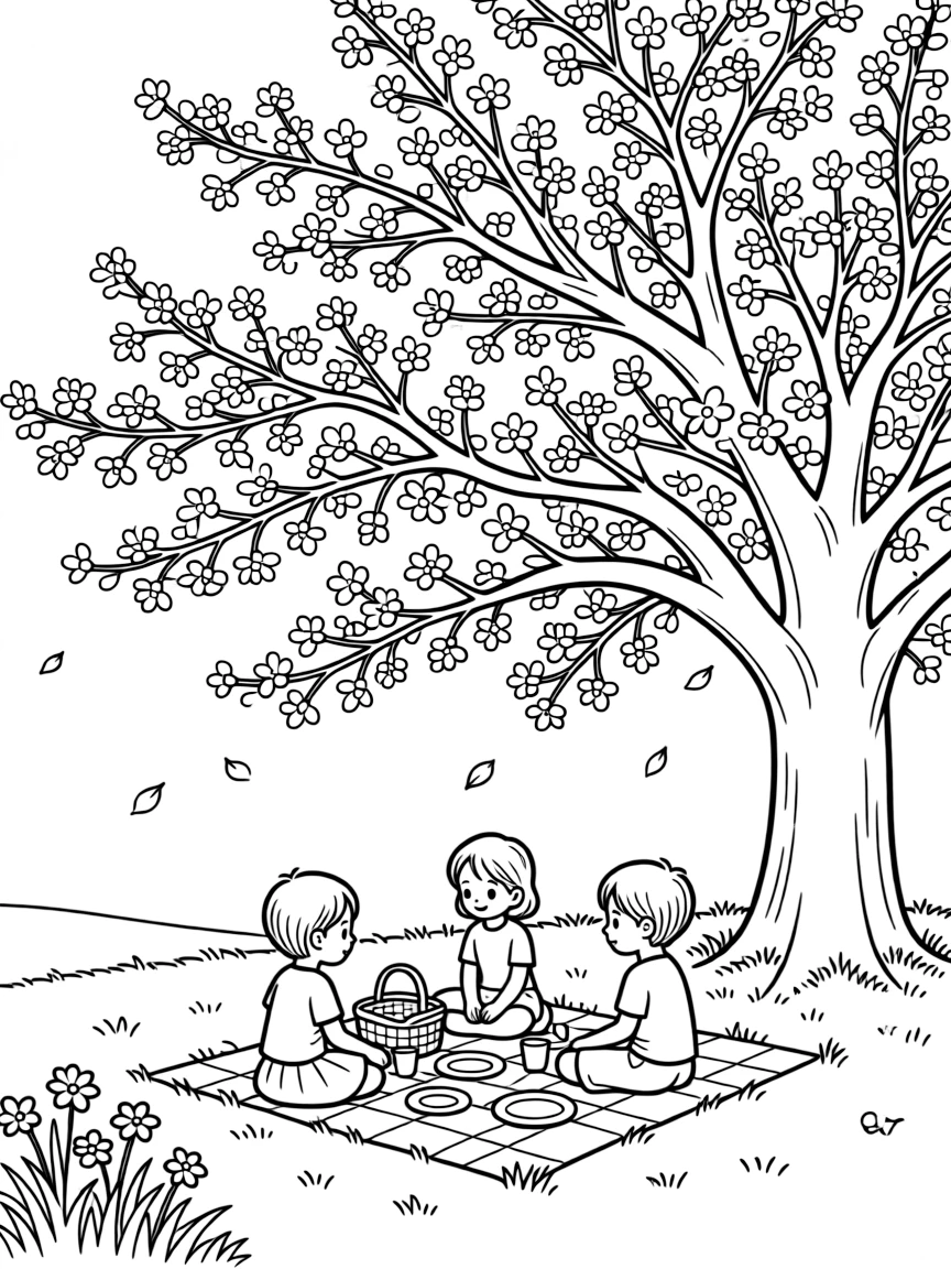 Detailed cherry blossom viewing picnic scene