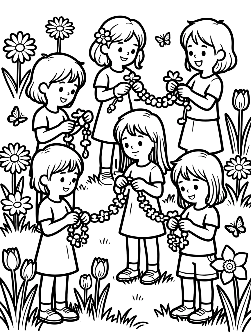 Children creating spring flower chains and bracelets