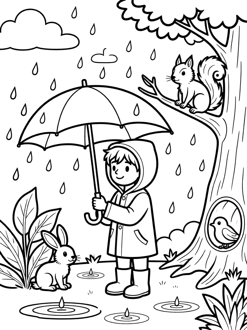 A spring rain shower with animals seeking shelter