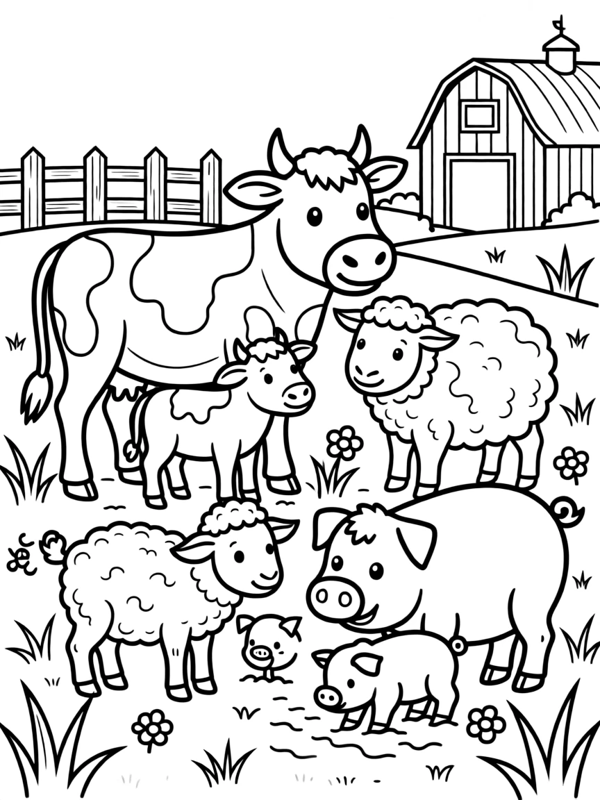 Farm animals with their spring babies in a pasture