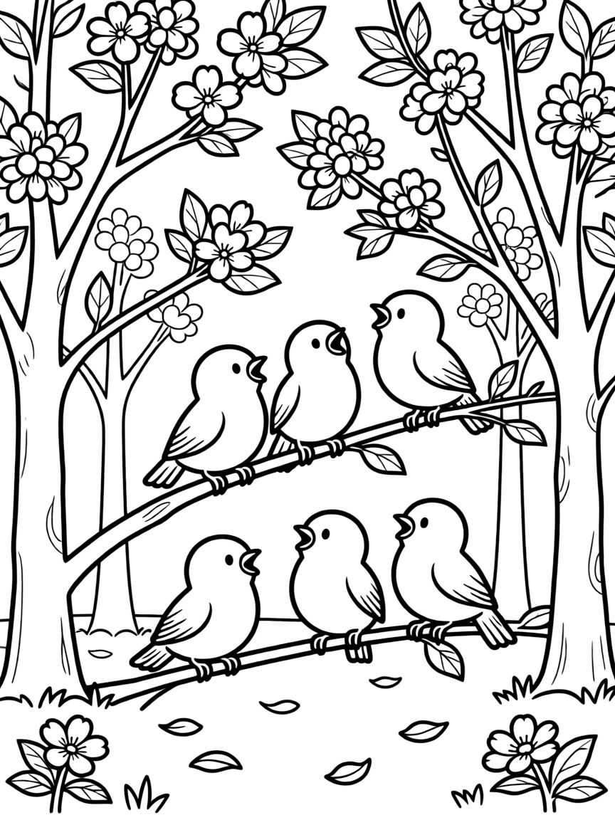Baby birds learning to sing in a flowering orchard